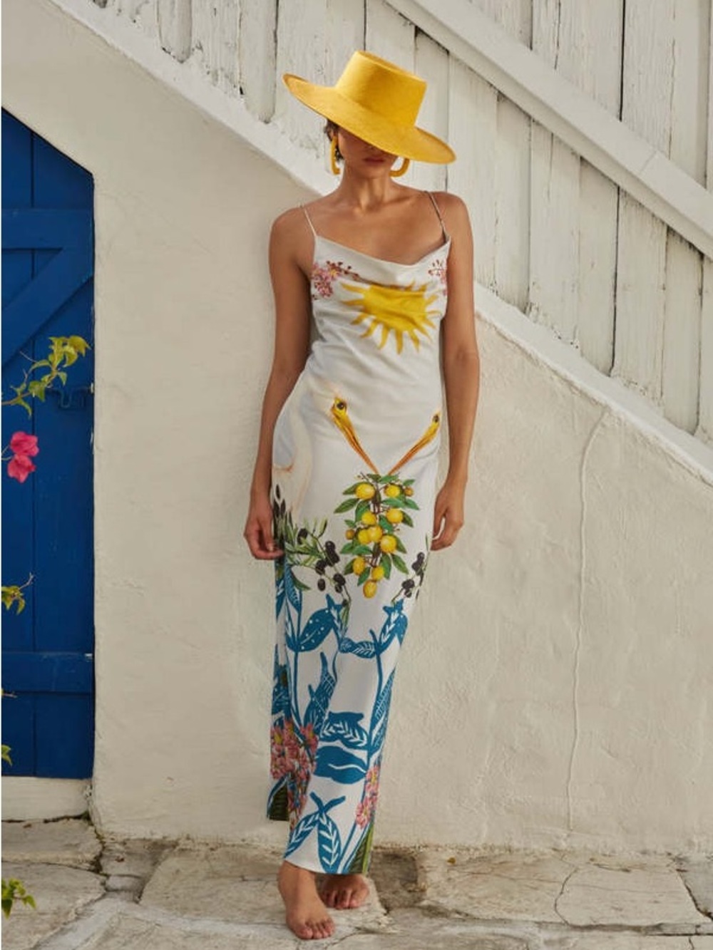 NWOT Carolina K Big Heron Silk Slip Maxi Dress Sun Print Boho Resort. Size M